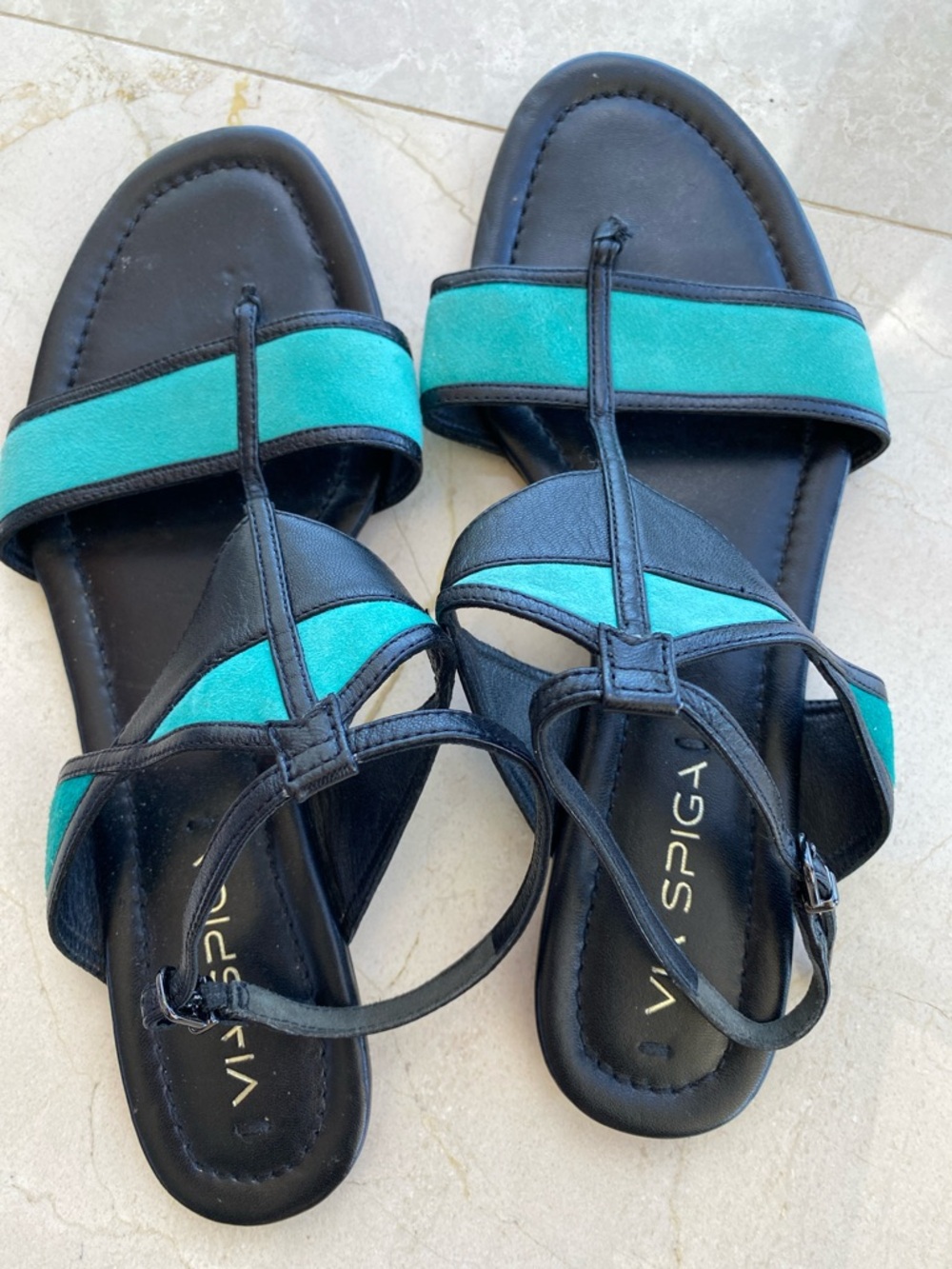 Via Spiga Leather/Suede Teal and Black Flat Strappy Sandals